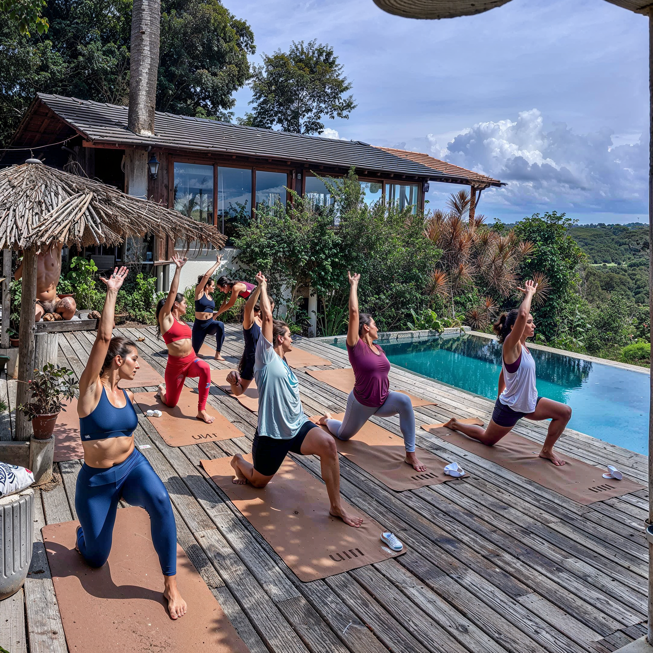 Aula de yoga em grupo no deck à beira da piscina do Bahia Bonita, todos em pose do guerreiro, mata atlântica em volta